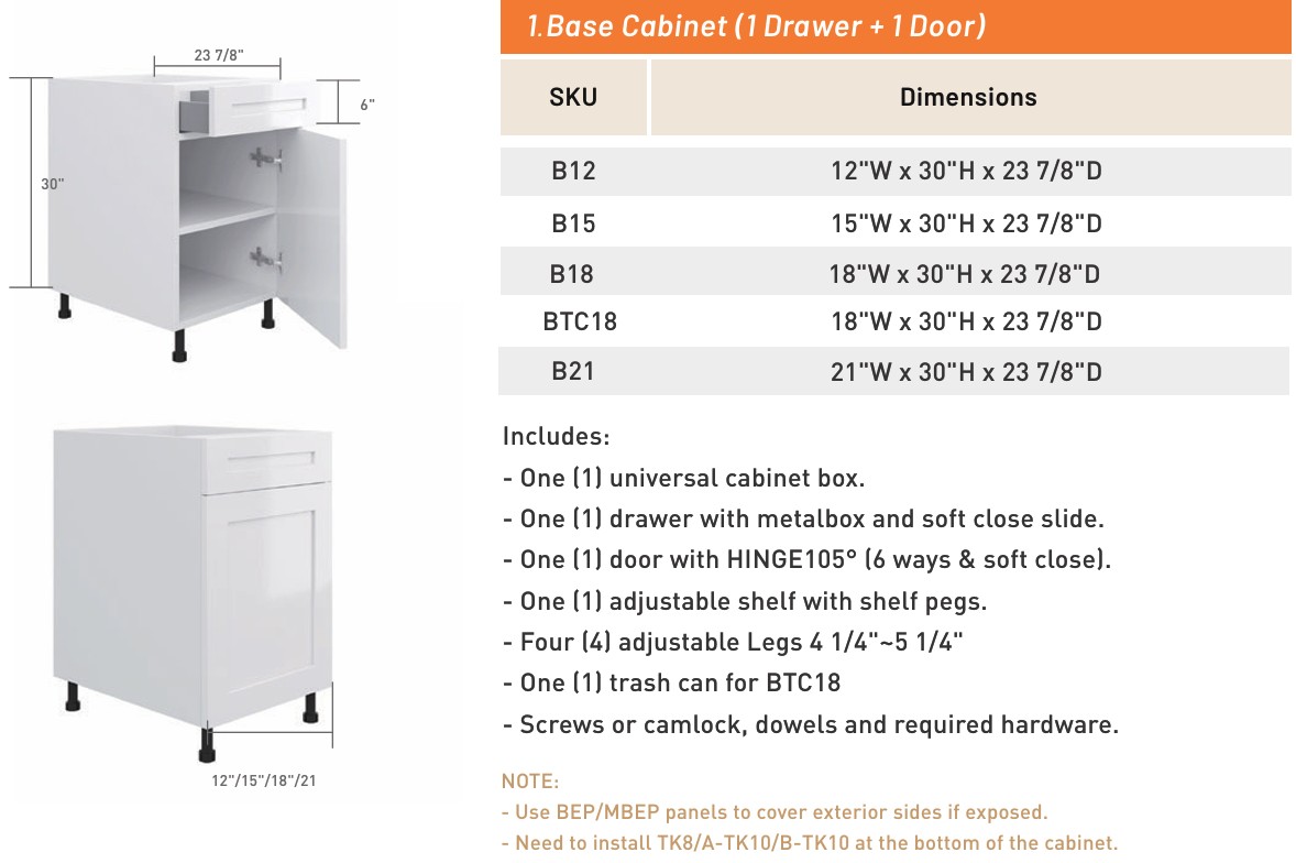 Base Cabinet (1 Drawer + 1 Door) — dimensioned drawing and size table