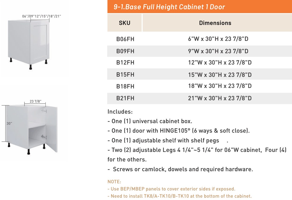 Base Full Height Cabinet 1 Door — dimensioned drawing and size table