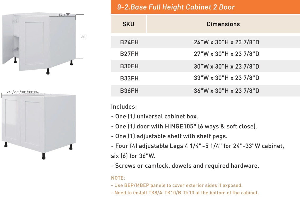 Base Full Height Cabinet 2 Door — dimensioned drawing and size table