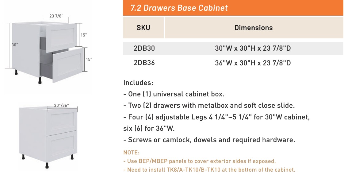 2 Drawers Base Cabinet — dimensioned drawing and size table