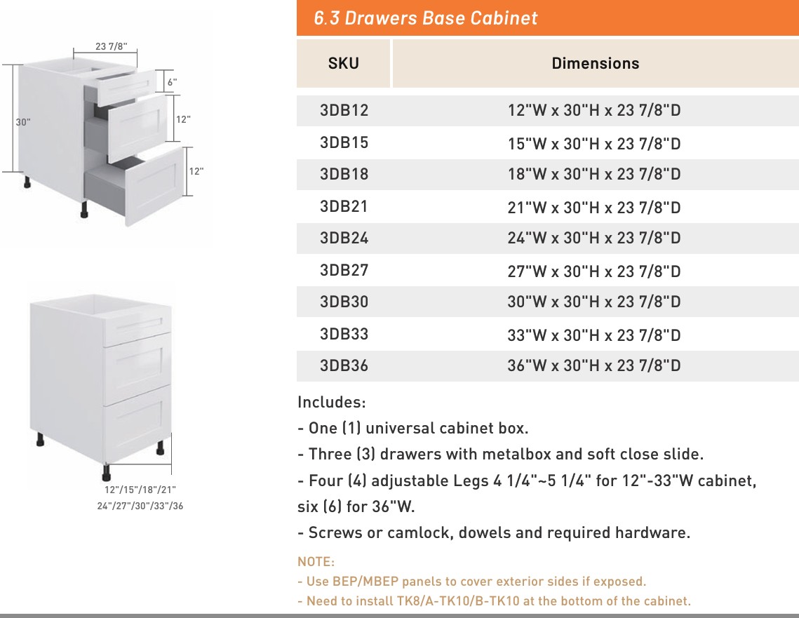 3 Drawers Base Cabinet — dimensioned drawing and size table