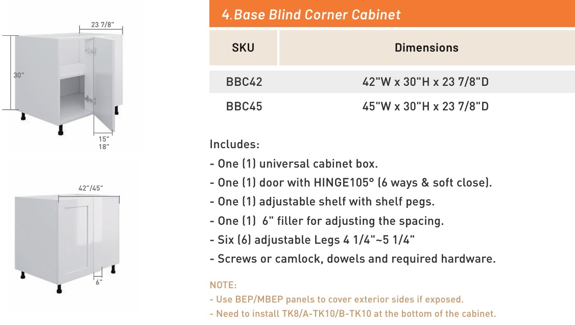 Base Blind Corner Cabinet — dimensioned drawing and size table