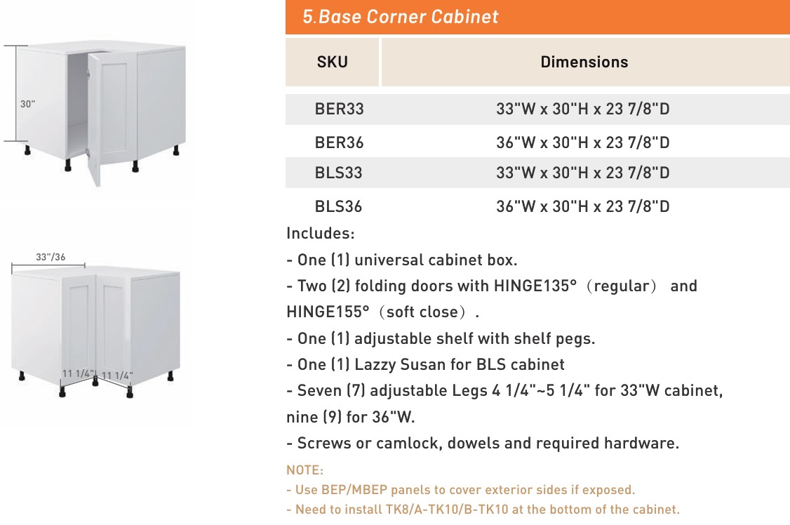 Base Corner Cabinet — dimensioned drawing and size table