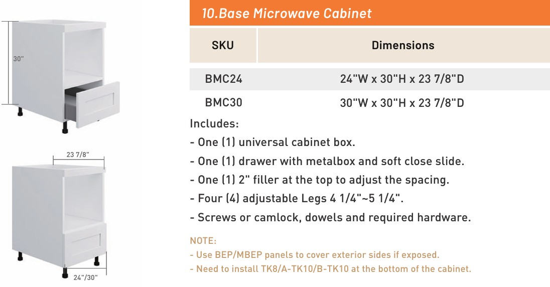 Base Microwave Cabinet — dimensioned drawing and size table