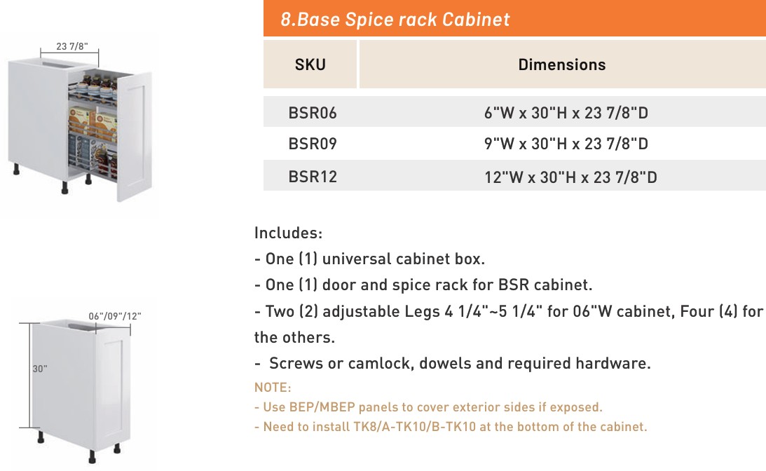 Base Spice Rack Cabinet — dimensioned drawing and size table