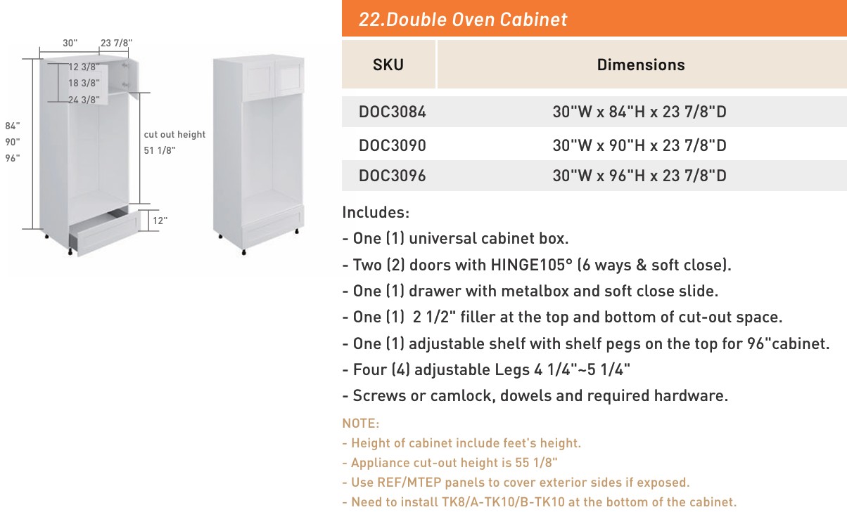 Double Oven Cabinet — dimensioned drawing and size table