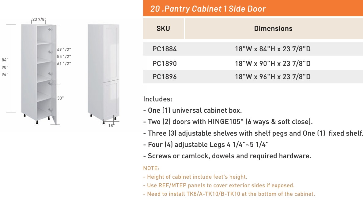 Pantry Cabinet 1 Side Door — dimensioned drawing and size table
