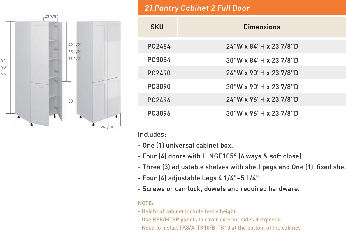 Pantry Cabinet 2 Full Door — dimensioned drawing and size table