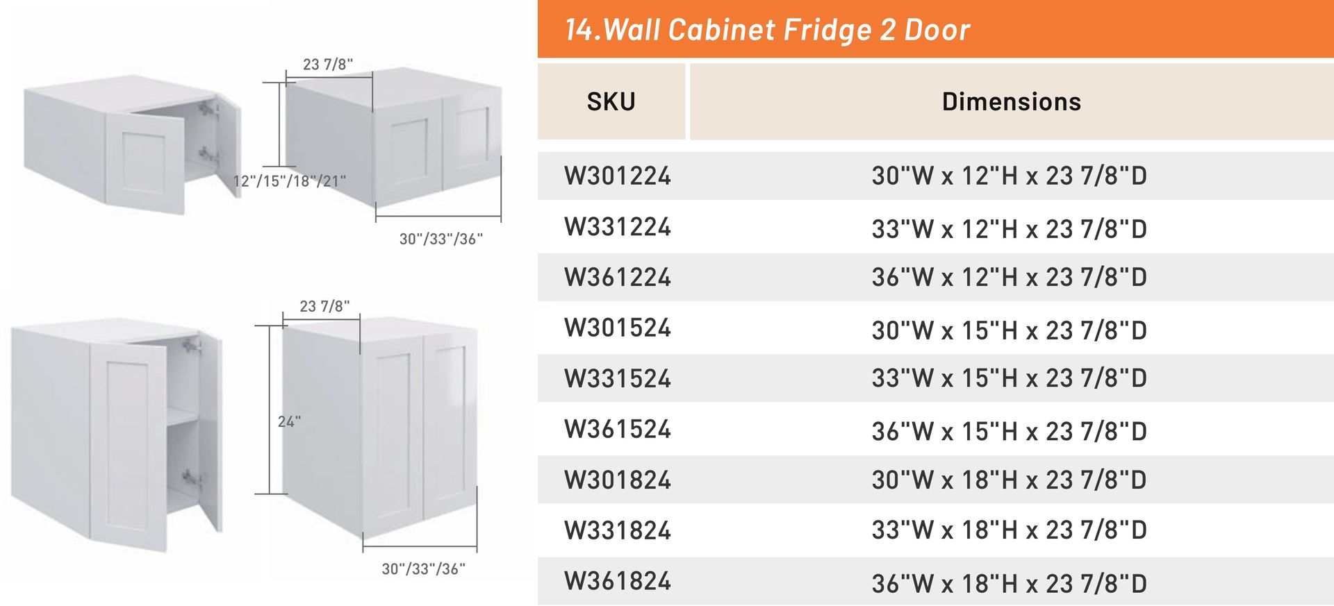 Wall Cabinet Fridge 2 Door — dimensioned drawing and size table