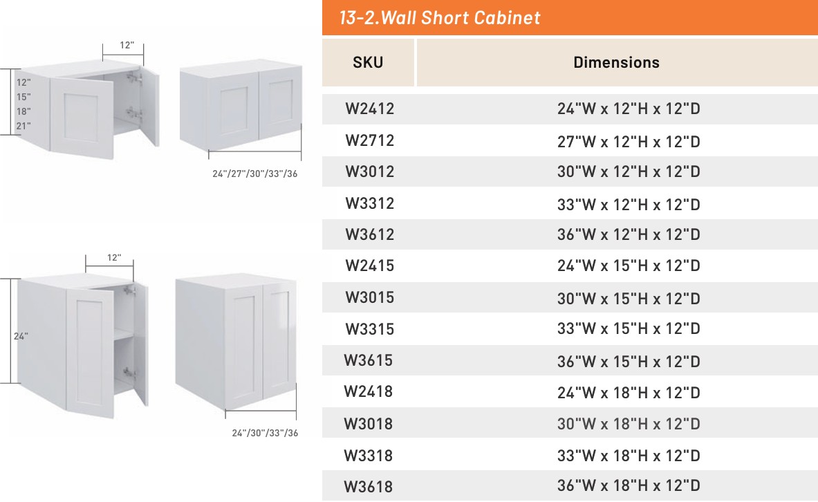 Wall Short Cabinet — dimensioned drawing and size table