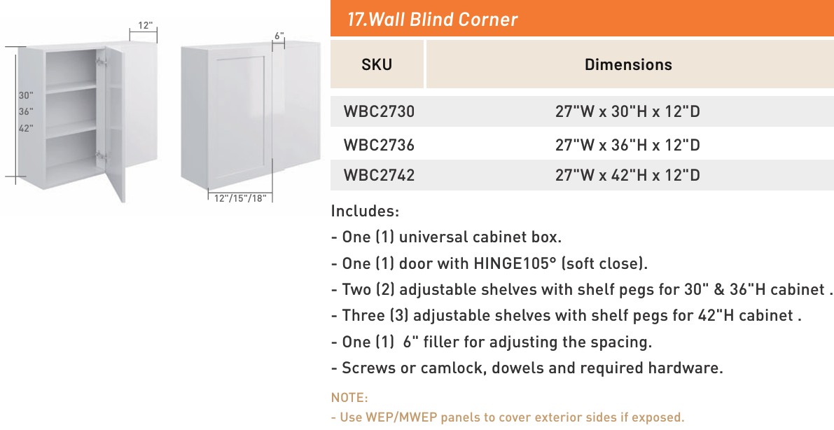 Wall Blind Corner — dimensioned drawing and size table