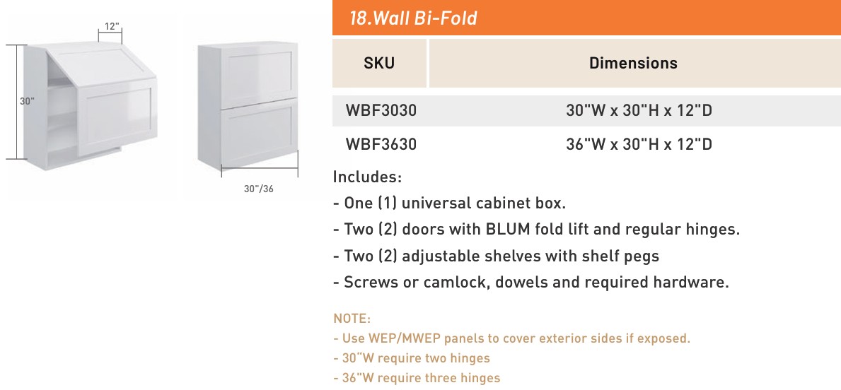 Wall Bi-Fold — dimensioned drawing and size table