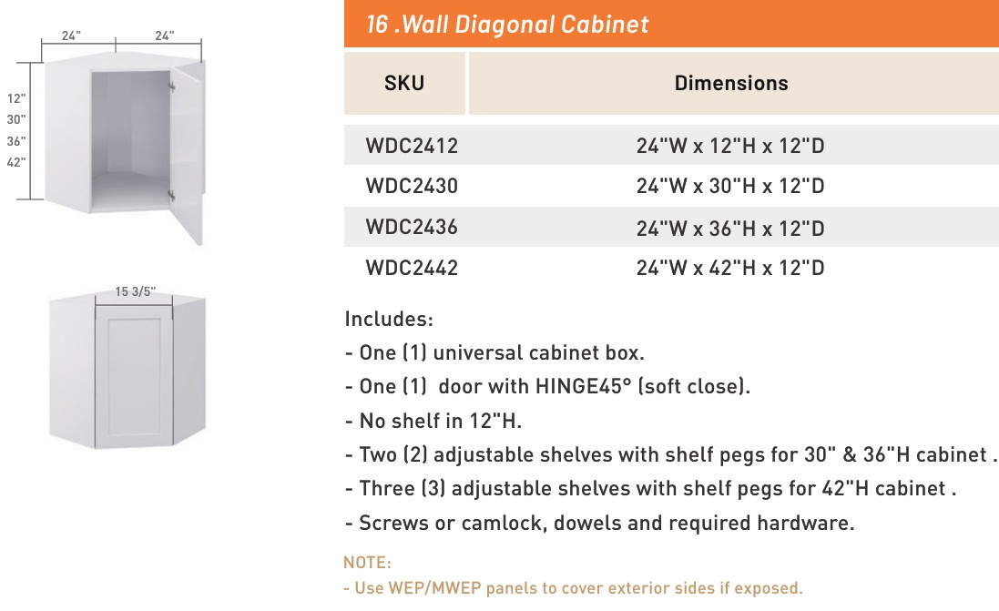 Wall Diagonal Cabinet — dimensioned drawing and size table