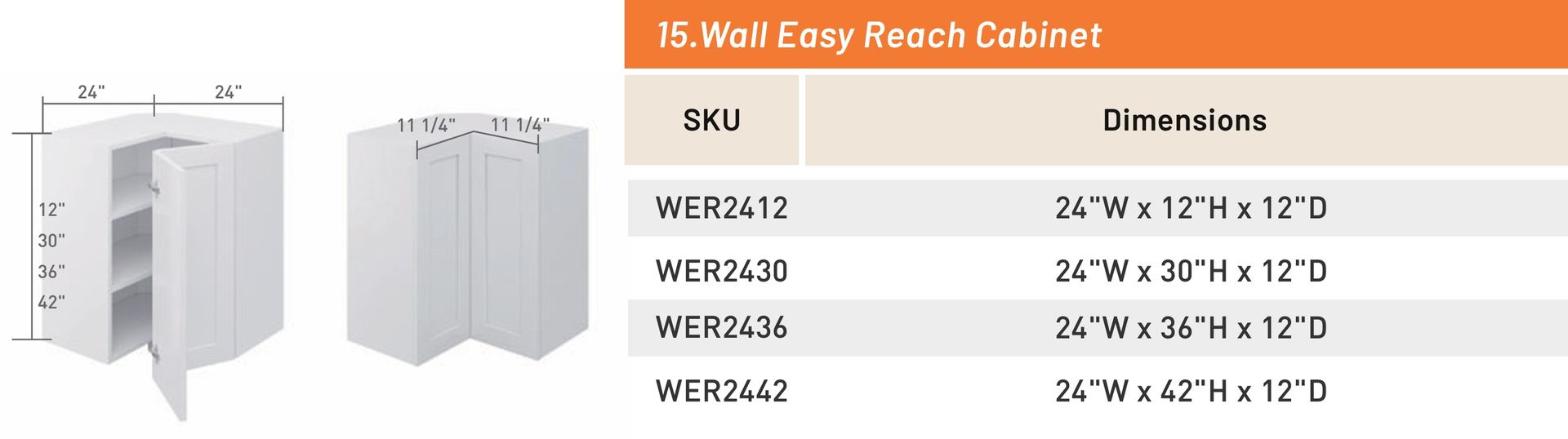 Wall Easy Reach Cabinet — dimensioned drawing and size table