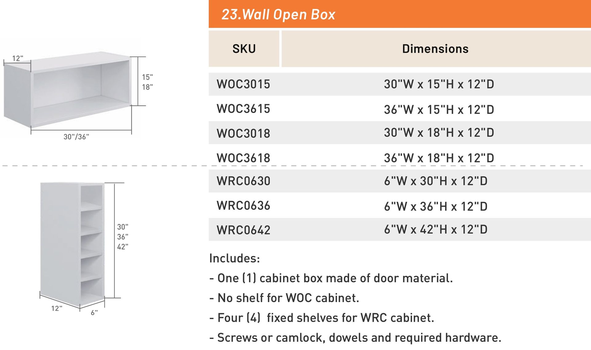 Wall Open Box — dimensioned drawing and size table