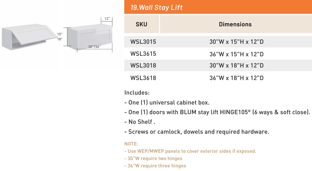 Wall Stay Lift — dimensioned drawing and size table